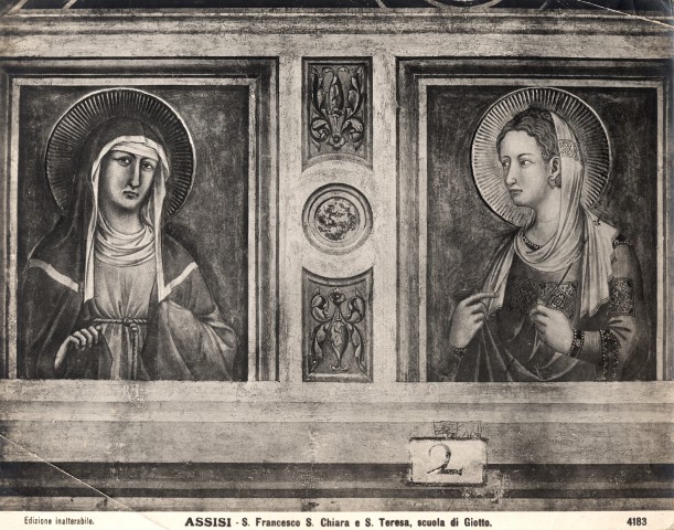 Anonimo — ASSISI - S. Francesco S. Chiara e S. Teresa, scuola di Giotto — particolare, santa Chiara e santa Tecla